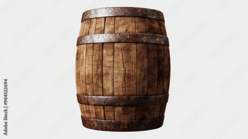 Isolated rustic wooden barrel with corroded metal bands, white background, space for text placement, detailed and commercial-friendly, realistic textures Isolated rustic wooden barrel with corroded metal bands, white background, space for text placement, detailed and commercial-friendly, realistic textures