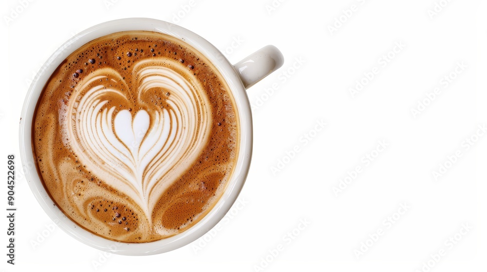 Latte with intricate heart foam design, isolated on white, extra space for text, ideal for commercial use, simple yet appealing Latte with intricate heart foam design, isolated on white, extra space for text, ideal for commercial use, simple yet appealing