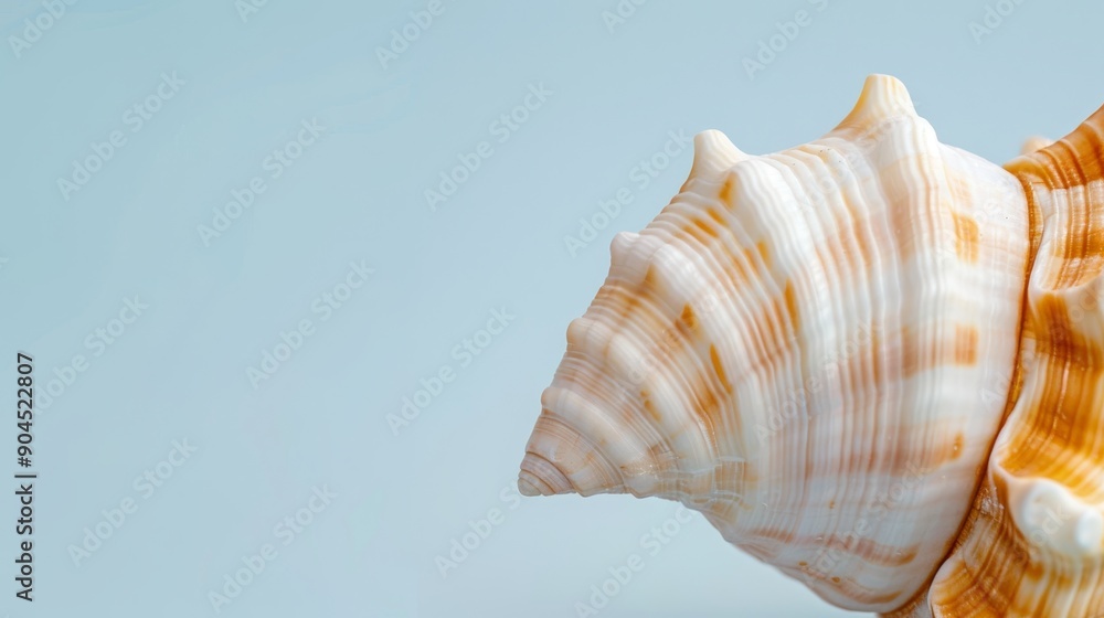 Obraz premium Macro shot of an intricate seashell with defined ridges, on a plain background with extra space for copy text, perfect for graphic design
