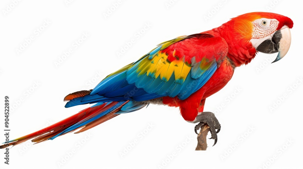 Obraz premium Majestic macaw in brilliant hues of red, blue, and yellow, isolated against a plain white backdrop, leaving room for text overlay