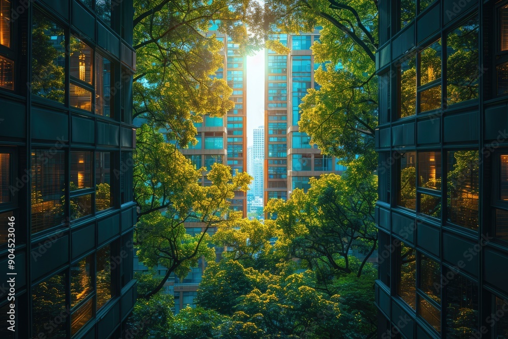 Fototapeta premium Eco architecture. Green tree and glass office building. The harmony of nature and modernity. Reflection of modern commercial building on glass with sunlight.