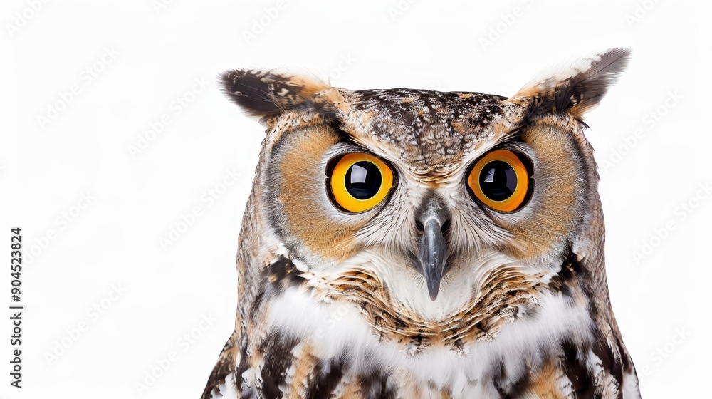 Fototapeta premium Portrait of a majestic owl with wide eyes, isolated background, plenty of room for copy text, perfect for educational material