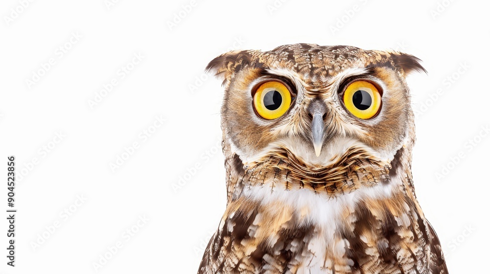 Portrait of a majestic owl with wide eyes, isolated background, plenty of room for copy text, perfect for educational material Portrait of a majestic owl with wide eyes, isolated background, plenty of room for copy text, perfect for educational material