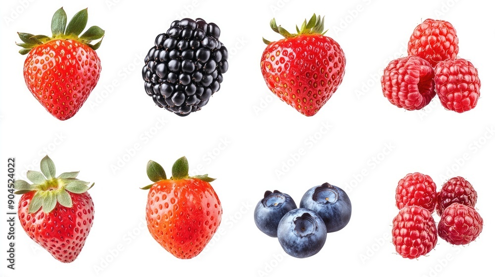 Collection of ripe strawberries, blackberries, raspberries, and blueberries, isolated and cut out Collection of ripe strawberries, blackberries, raspberries, and blueberries, isolated and cut out