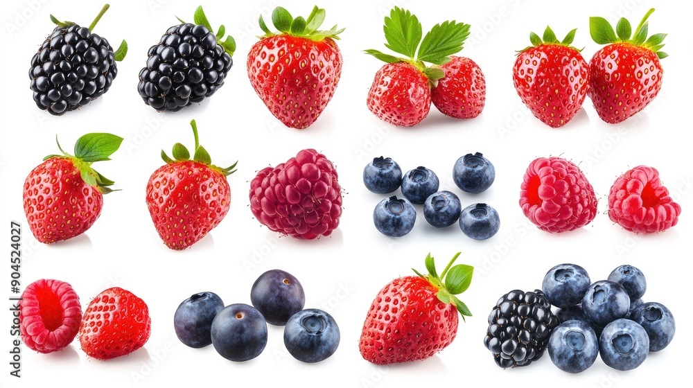 Collection of ripe strawberries, blackberries, raspberries, and blueberries, isolated and cut out Collection of ripe strawberries, blackberries, raspberries, and blueberries, isolated and cut out