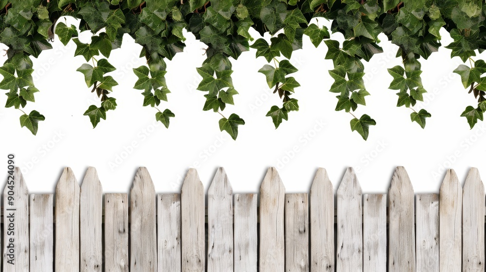 Fototapeta premium Rustic fence covered in ivy, isolated on a white background, plenty of space for text, countryside feel