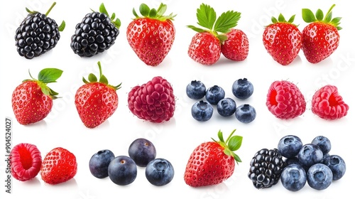 Collection of ripe strawberries, blackberries, raspberries, and blueberries, isolated and cut out