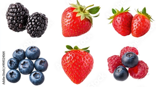 Collection of ripe strawberries, blackberries, raspberries, and blueberries, isolated and cut out