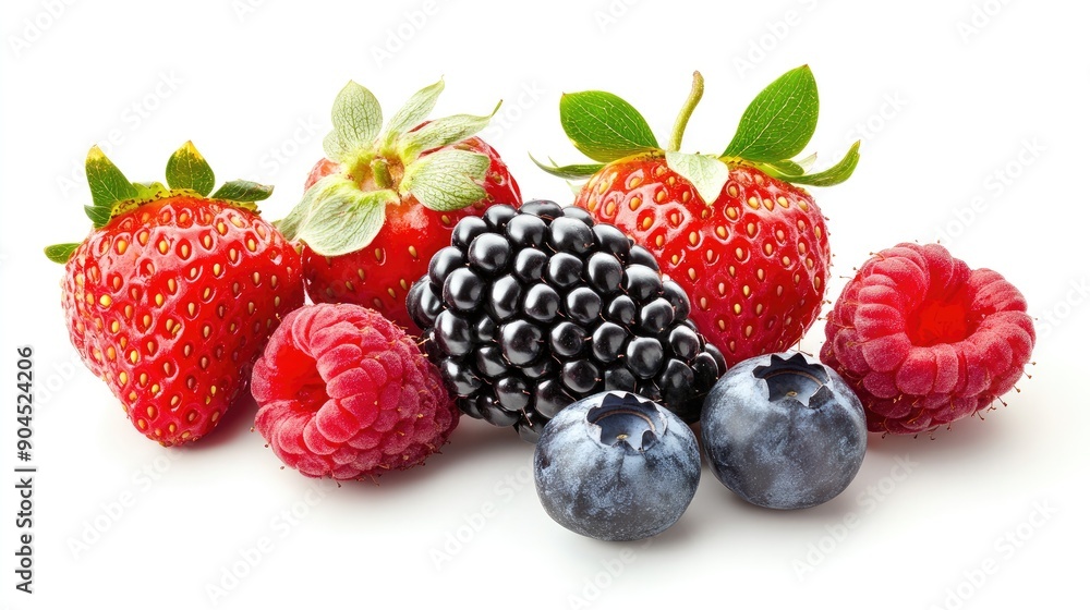 Colorful collection of ripe strawberries, blackberries, raspberries, and blueberries, cut out Colorful collection of ripe strawberries, blackberries, raspberries, and blueberries, cut out