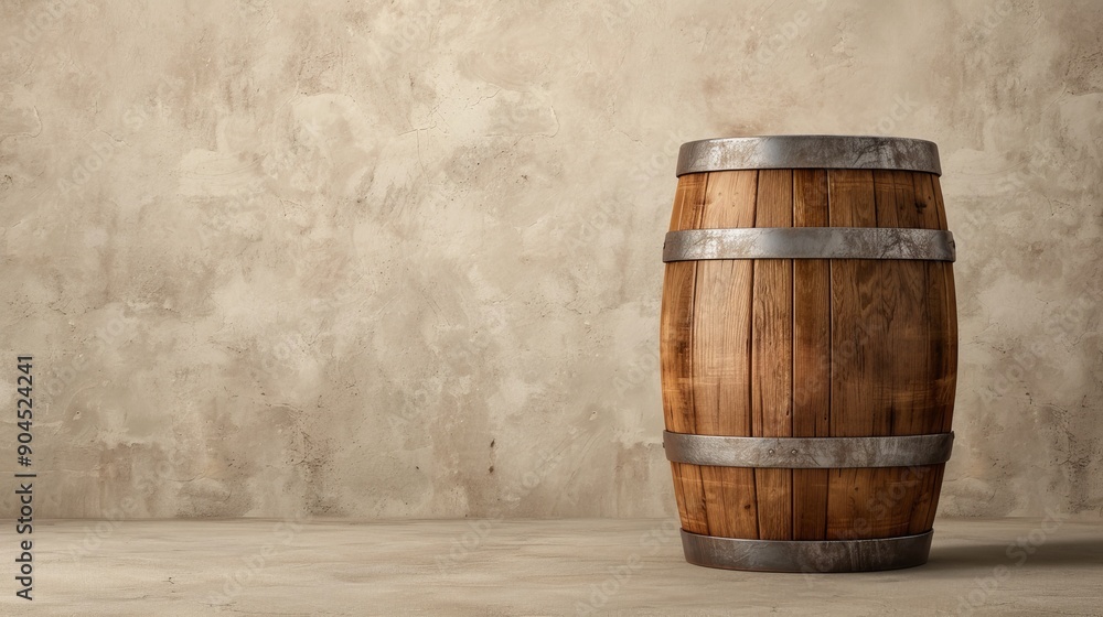 Rustic wooden barrel with old metal bands, isolated, plain white background, clear text space, high definition, perfect for advertising materials Rustic wooden barrel with old metal bands, isolated, plain white background, clear text space, high definition, perfect for advertising materials