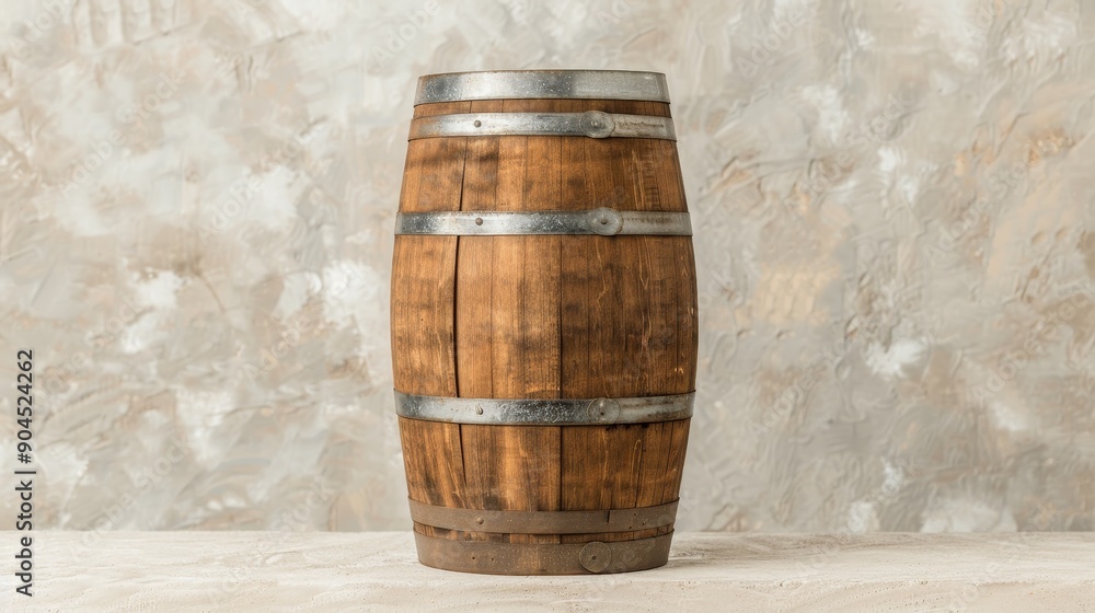 Rustic wooden barrel with old metal bands, isolated, plain white background, clear text space, high definition, perfect for advertising materials Rustic wooden barrel with old metal bands, isolated, plain white background, clear text space, high definition, perfect for advertising materials