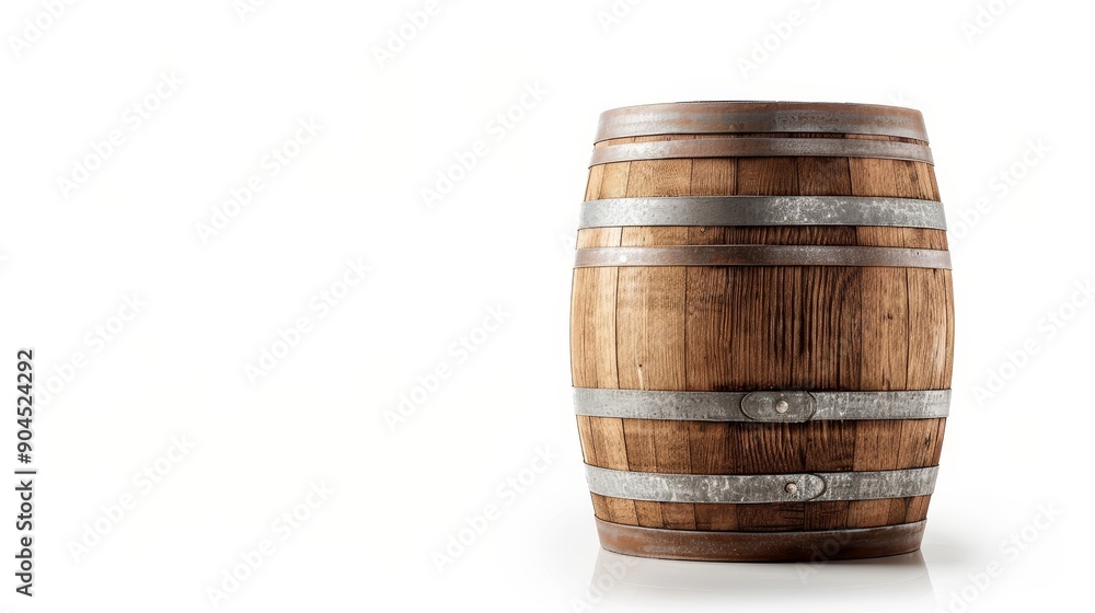 Rustic wooden barrel with old metal bands, isolated, plain white background, clear text space, high definition, perfect for advertising materials Rustic wooden barrel with old metal bands, isolated, plain white background, clear text space, high definition, perfect for advertising materials