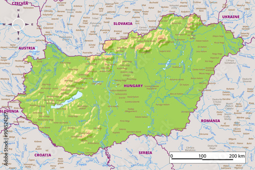 Photography Detailed physical Map of Hungary
