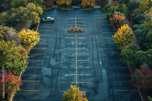 Aerial view of empty parking lot with grass spaces