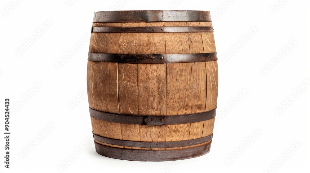 Rustic wooden barrel with weathered metal bands, isolated on a white background, ample space for copy text, high detail and texture, ideal for advertisements Rustic wooden barrel with weathered metal bands, isolated on a white background, ample space for copy text, high detail and texture, ideal for advertisements