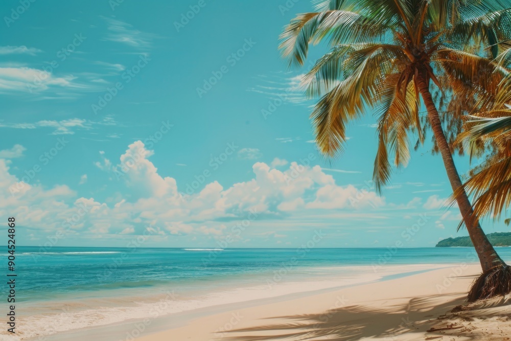 Fototapeta premium Two palm trees sit atop a sandy beach, perfect for a tropical scene or coastal landscape