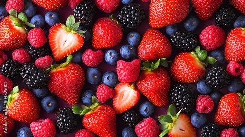 Fresh and colorful assortment of strawberries, blackberries, raspberries, and blueberries, cut out
