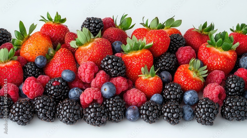 Obraz premium Fresh and colorful mix of ripe strawberries, blackberries, raspberries, and blueberries, cut out