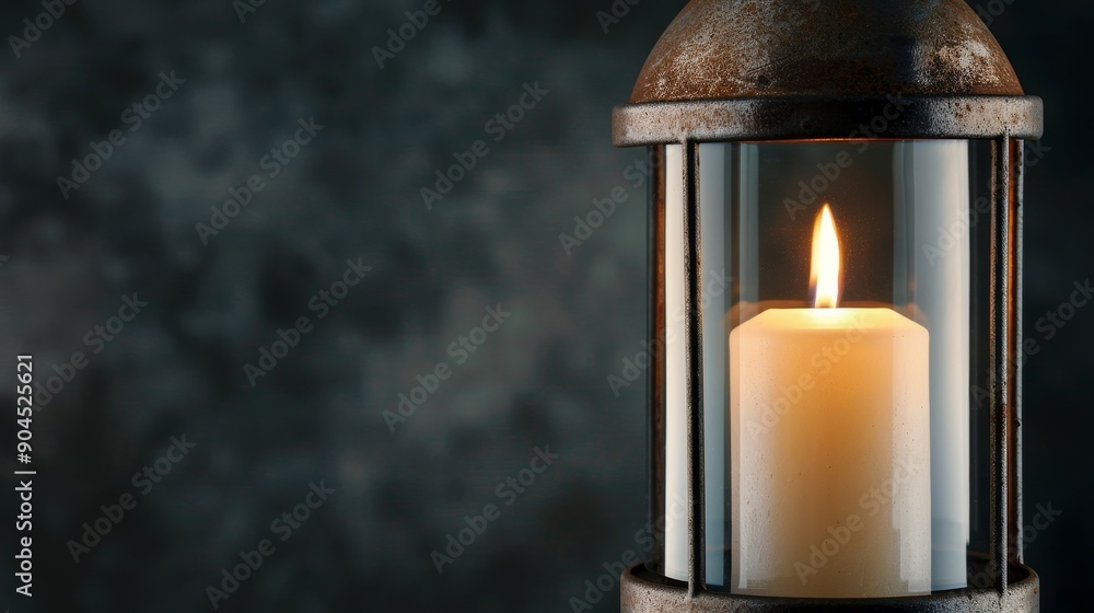 Glowing candle inside a rustic lantern, isolated backdrop, ample space for text on the right Glowing candle inside a rustic lantern, isolated backdrop, ample space for text on the right