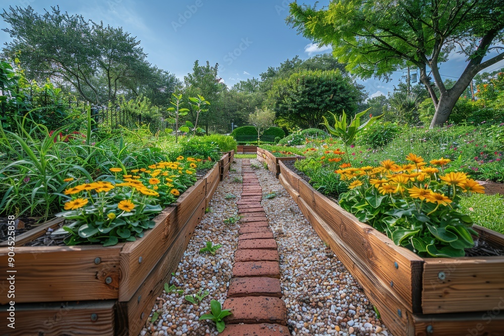 Community kitchen garden. Raised garden beds with plants in vegetable community garden. Lessons of gardening for kids and seniors
