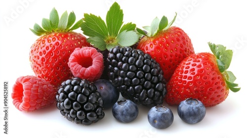 Fresh and ripe strawberries, blackberries, raspberries, and blueberries, arranged in a cut out