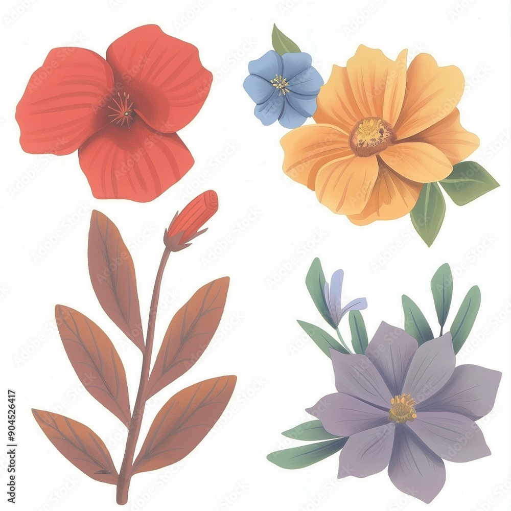 Fototapeta premium Elegant Botanical Illustration Featuring Colorful Flowers and Leaves