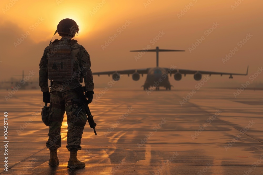 Us air force loadmaster is standing on the flightline at sunset with a c 17 globemaster iii cargo plane taxiing in the background Us air force loadmaster is standing on the flightline at sunset with a c 17 globemaster iii cargo plane taxiing in the background