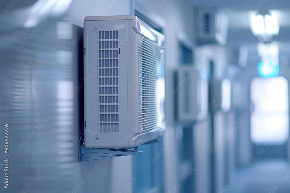 Air conditioner unit hanging on wall, providing cool air and climate control in an office building corridor Air conditioner unit hanging on wall, providing cool air and climate control in an office building corridor