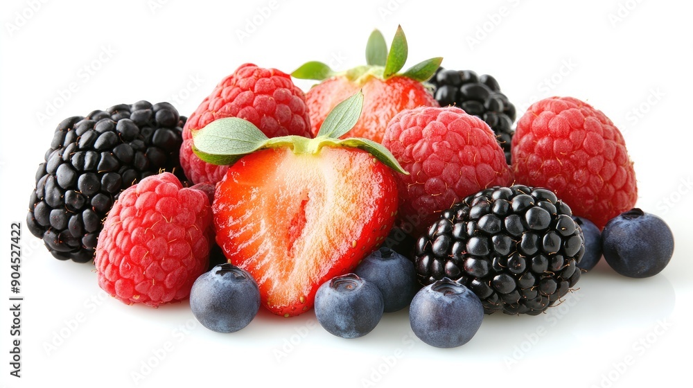 Ripe and juicy assortment of strawberries, blackberries, raspberries, and blueberries, cut out on white Ripe and juicy assortment of strawberries, blackberries, raspberries, and blueberries, cut out on white