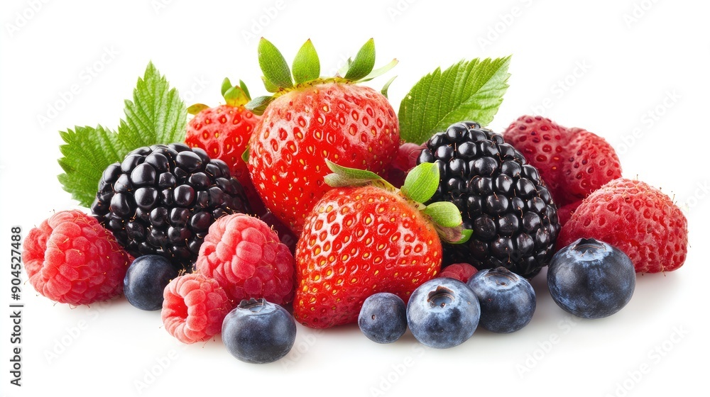 Ripe and juicy assortment of strawberries, blackberries, raspberries, and blueberries, cut out on white Ripe and juicy assortment of strawberries, blackberries, raspberries, and blueberries, cut out on white