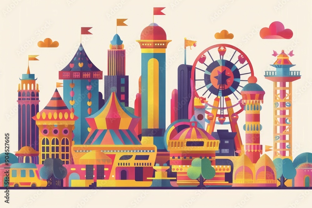 Colorful Amusement Park Skyline Illustration Colorful Amusement Park Skyline Illustration