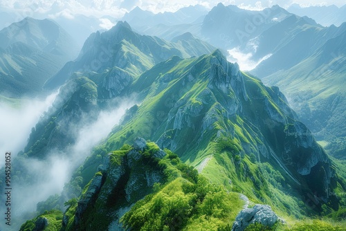 A scenic view of rolling green hills and distant mountains. The landscape is bathed in warm sunlight, creating a serene and peaceful atmosphere. Summer nature background © Irina Mikhailichenko