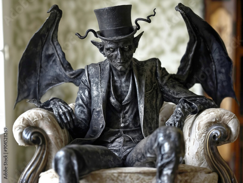 A statue of a man wearing a top hat and a suit with a dragon on his back sits on a chair photo