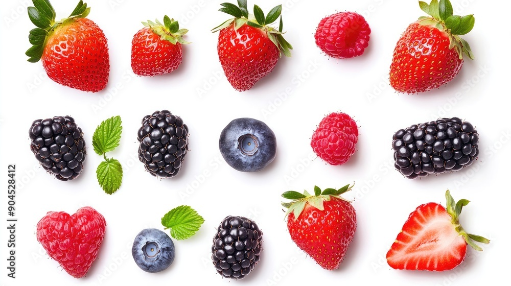 Vibrant collection of fresh strawberries, blackberries, raspberries, and blueberries, cut out on white Vibrant collection of fresh strawberries, blackberries, raspberries, and blueberries, cut out on white