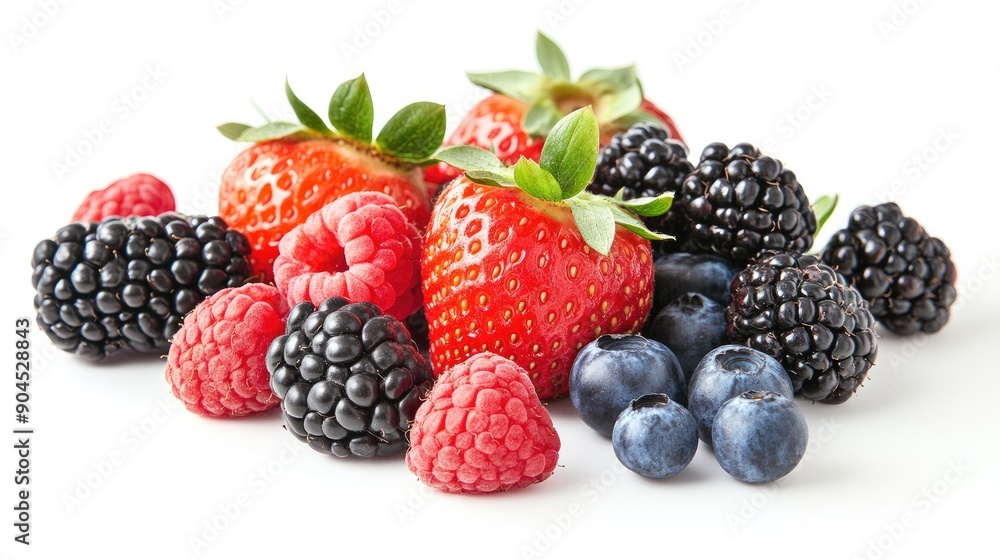 Vibrant mix of ripe strawberries, blackberries, raspberries, and blueberries, cut out on a white background Vibrant mix of ripe strawberries, blackberries, raspberries, and blueberries, cut out on a white background