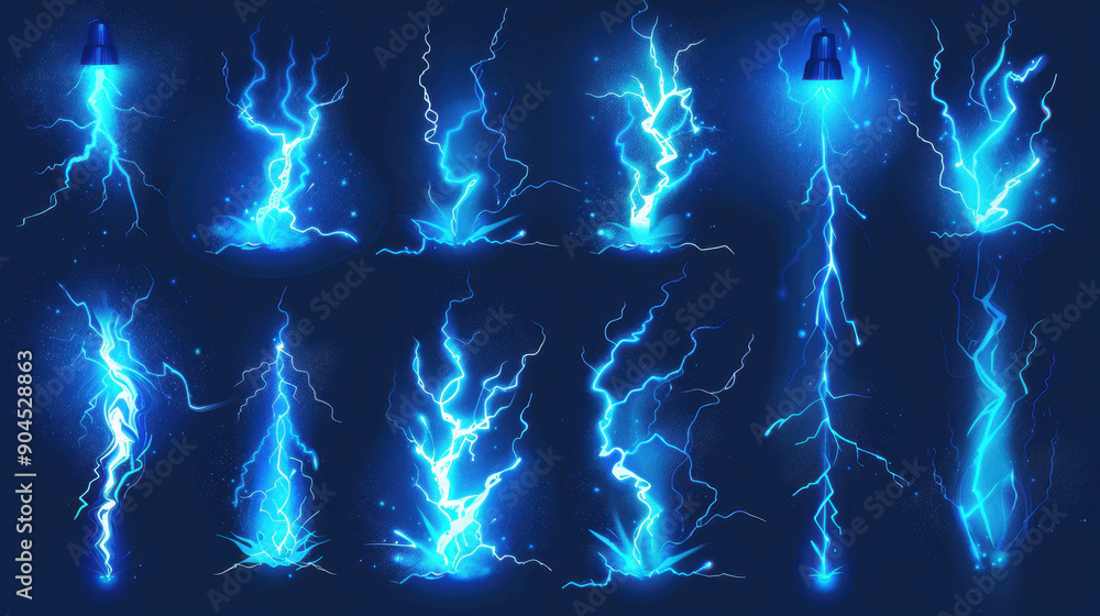 Obraz premium A series of blue sparks with one of them having a white dot in the middle. The sparks are all different sizes and are scattered throughout the image