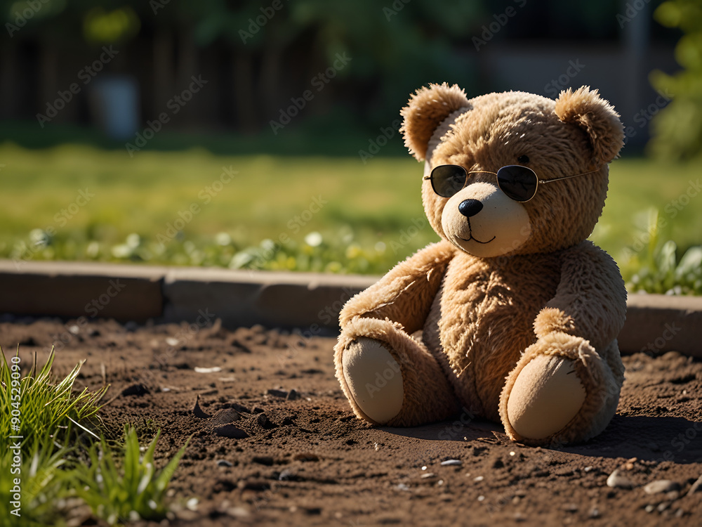 Sad Lonely Teddy Bear with Sunglasses in the Garden Sad Lonely Teddy Bear with Sunglasses in the Garden