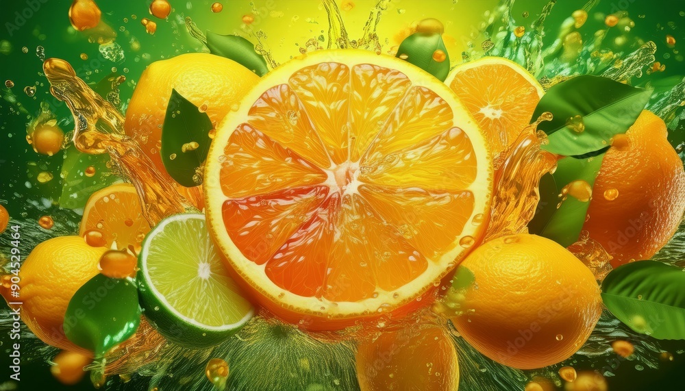 A vibrant orange slice surrounded by citrus fruit and a splash of juice A vibrant orange slice surrounded by citrus fruit and a splash of juice