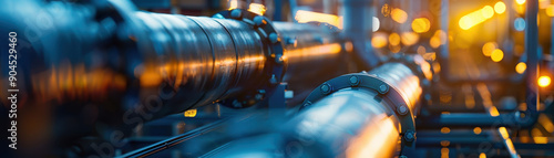A long line of black pipes are seen in a factory. The pipes are connected to a large building and are surrounded by yellow and black