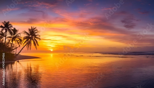 A vibrant sunset casts its golden glow on the tranquil ocean and palm trees