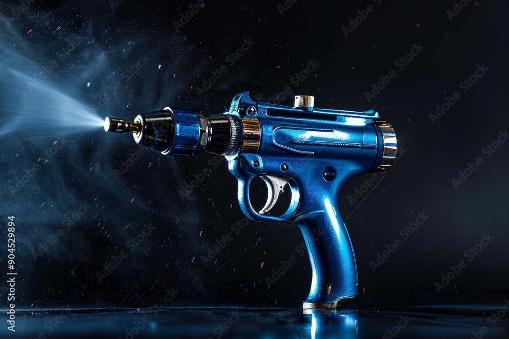 Blue paintball marker shooting a stream of smoke on a black background Blue paintball marker shooting a stream of smoke on a black background