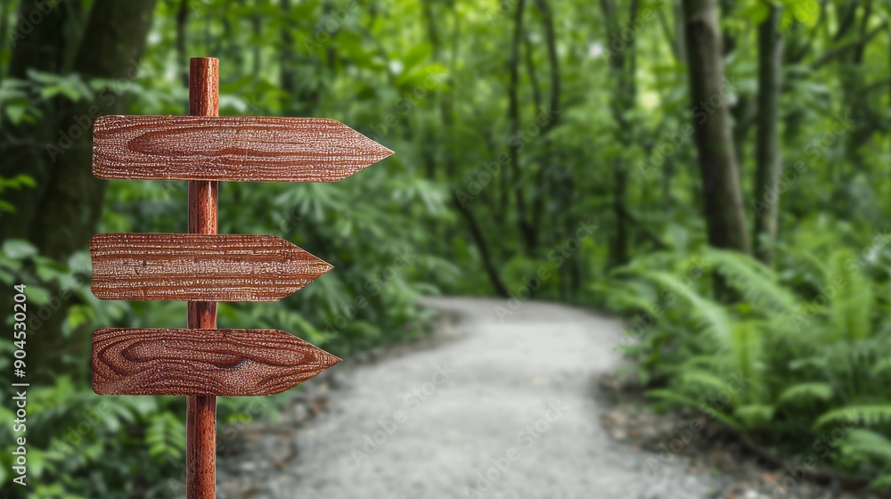 Crossroads in a lush forest with natural signposts pointing in various directions, representing eco-friendly business decisions Crossroads in a lush forest with natural signposts pointing in various directions, representing eco-friendly business decisions