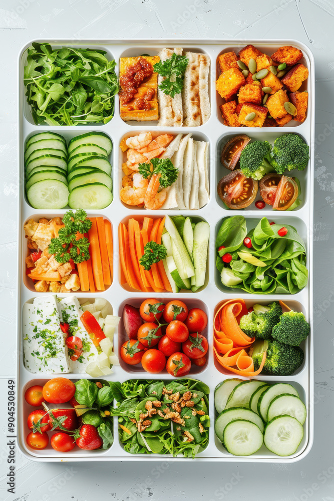 Two trays of food with a white background. The trays are filled with a variety of vegetables and fruits Two trays of food with a white background. The trays are filled with a variety of vegetables and fruits