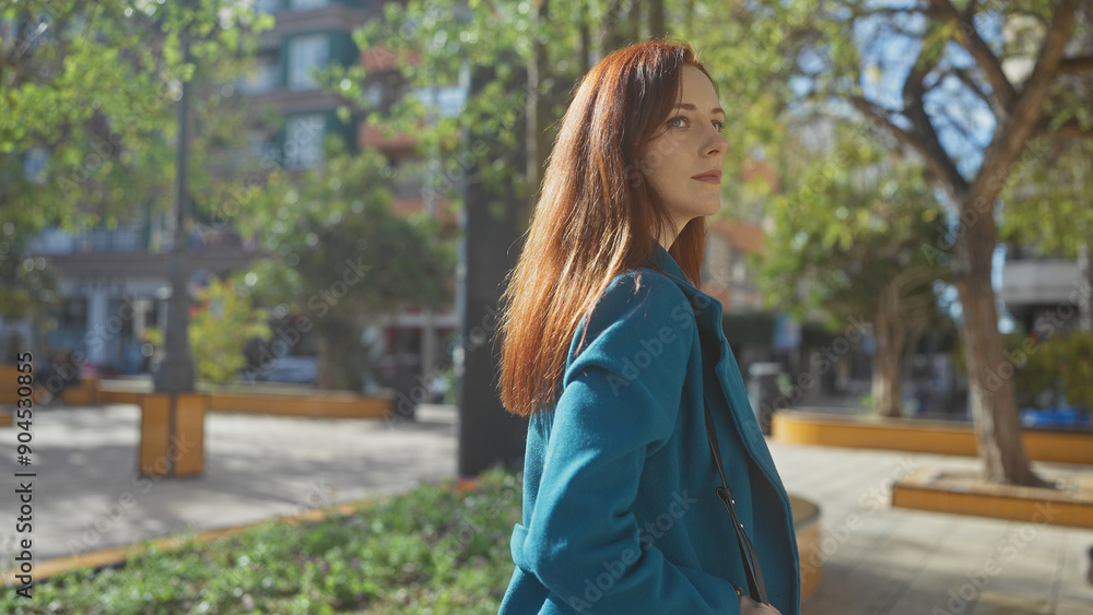 A contemplative young redhead woman in a teal coat stands in a sunny urban park setting, epitomizing casual city life. A contemplative young redhead woman in a teal coat stands in a sunny urban park setting, epitomizing casual city life.
