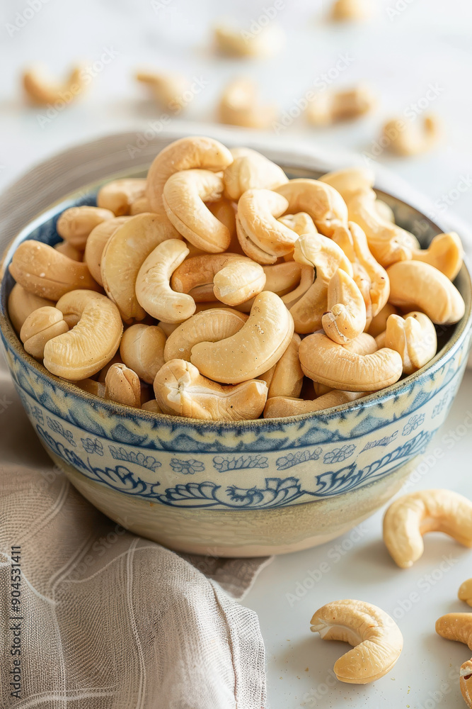 A bowl of cashews is sitting on a table A bowl of cashews is sitting on a table