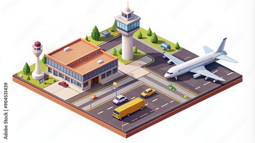Isometric low poly airport infographic icon with terminal, airplane ...