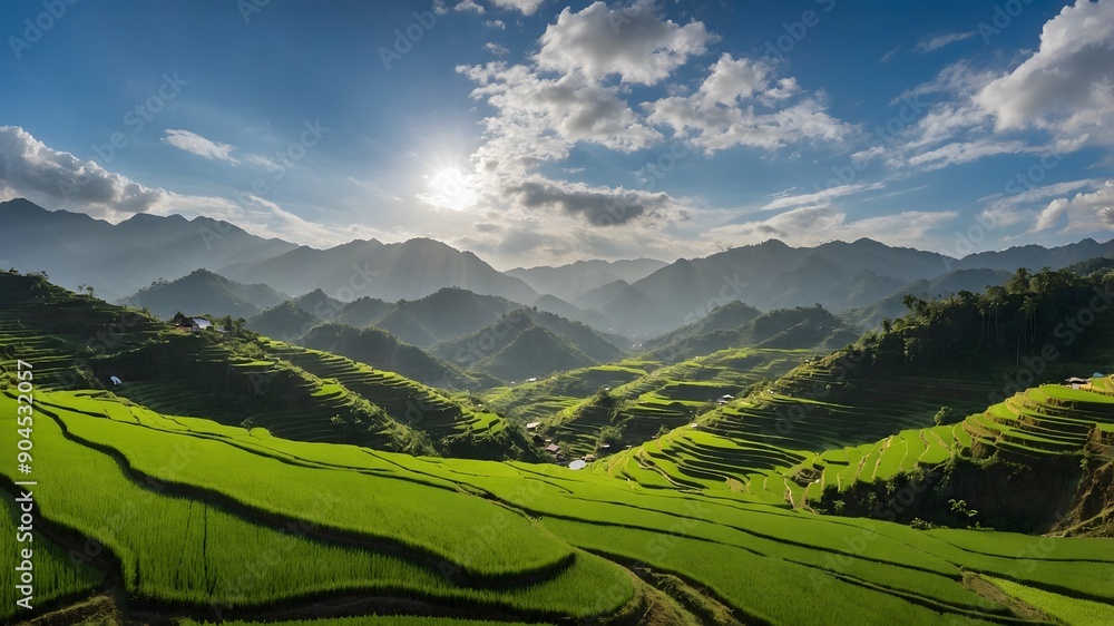 Fototapeta premium Landscape of rice terraces in the hills. Ai Generative.