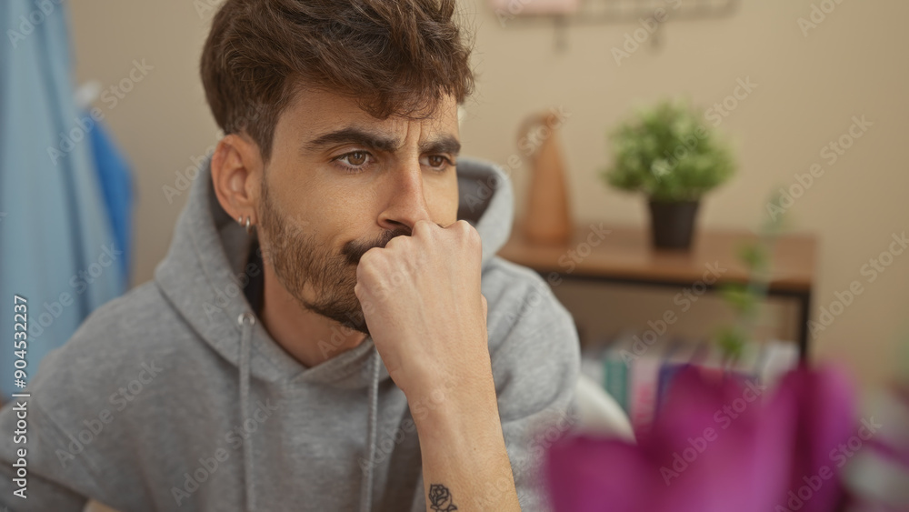 A pensive man with a beard contemplates indoors, evoking thoughts, reflection, a casual lifestyle, and a cozy modern apartment setting. A pensive man with a beard contemplates indoors, evoking thoughts, reflection, a casual lifestyle, and a cozy modern apartment setting.