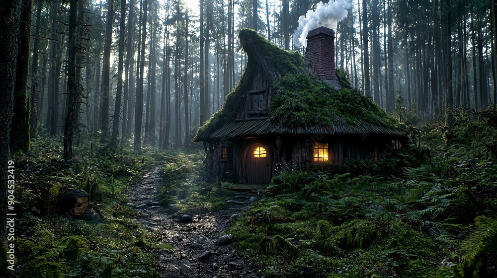 Path to a witch's cabin deep in the forest with light glowing in the windows and smoke billowing from the chimney near twilight, rustic fairy tale home Path to a witch's cabin deep in the forest with light glowing in the windows and smoke billowing from the chimney near twilight, rustic fairy tale home