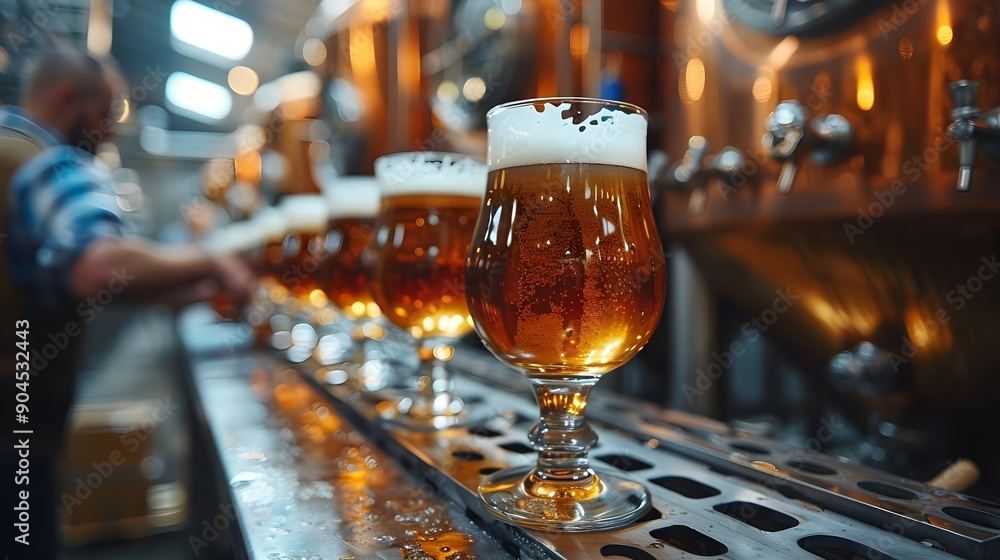 A man is pouring beer into glasses on a bar A man is pouring beer into glasses on a bar